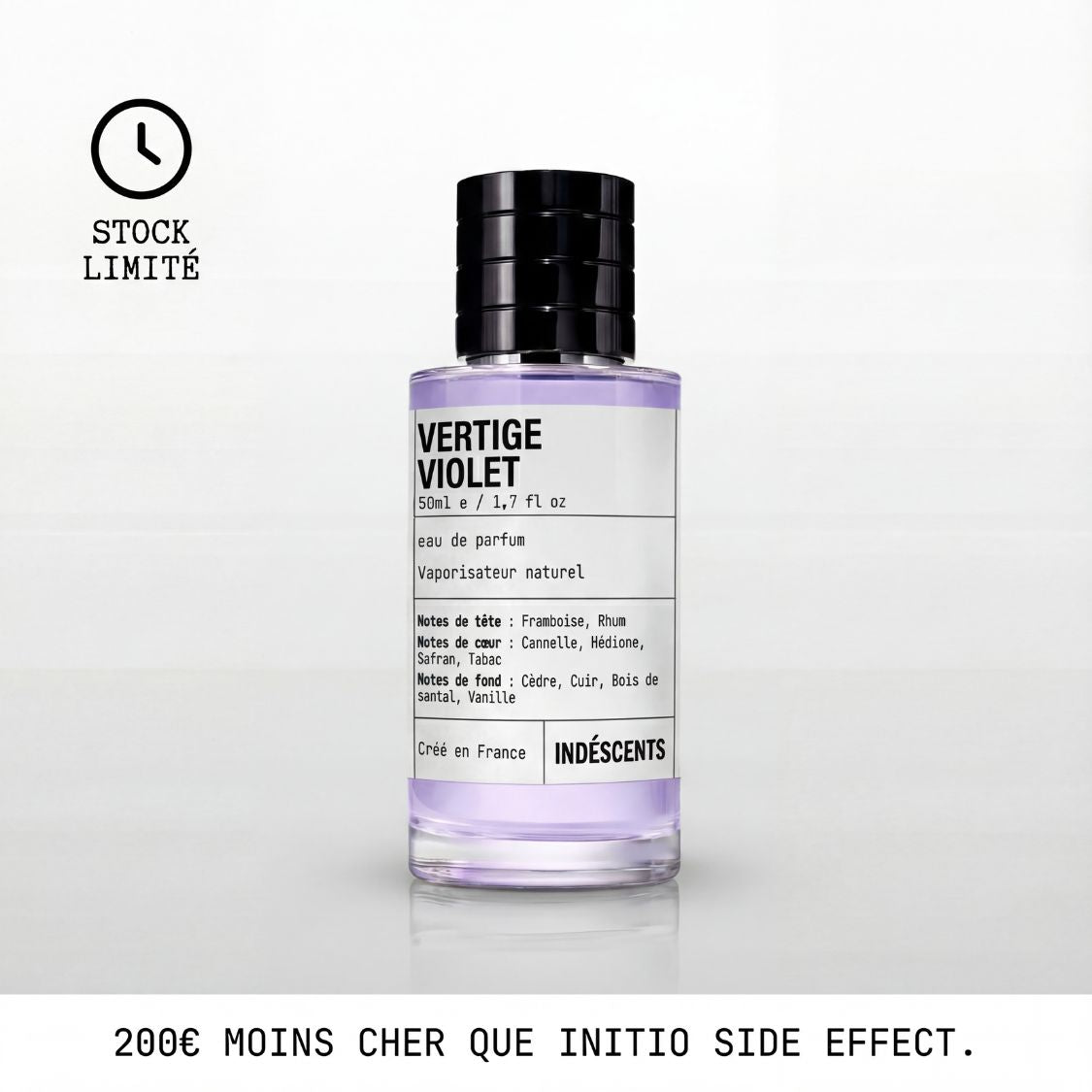 Flacon Vertige Violet Indéscents, eau de parfum lilas inspirée d'Initio Side Effect