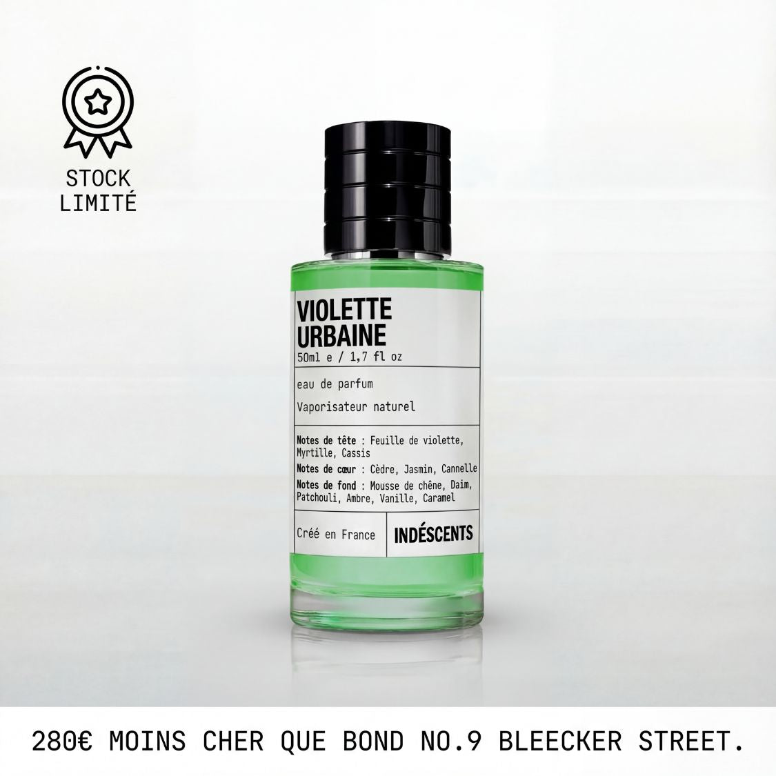 Flacon Violette Urbaine Indéscents, eau de parfum verte inspirée de Bond No. 9 Bleecker Street