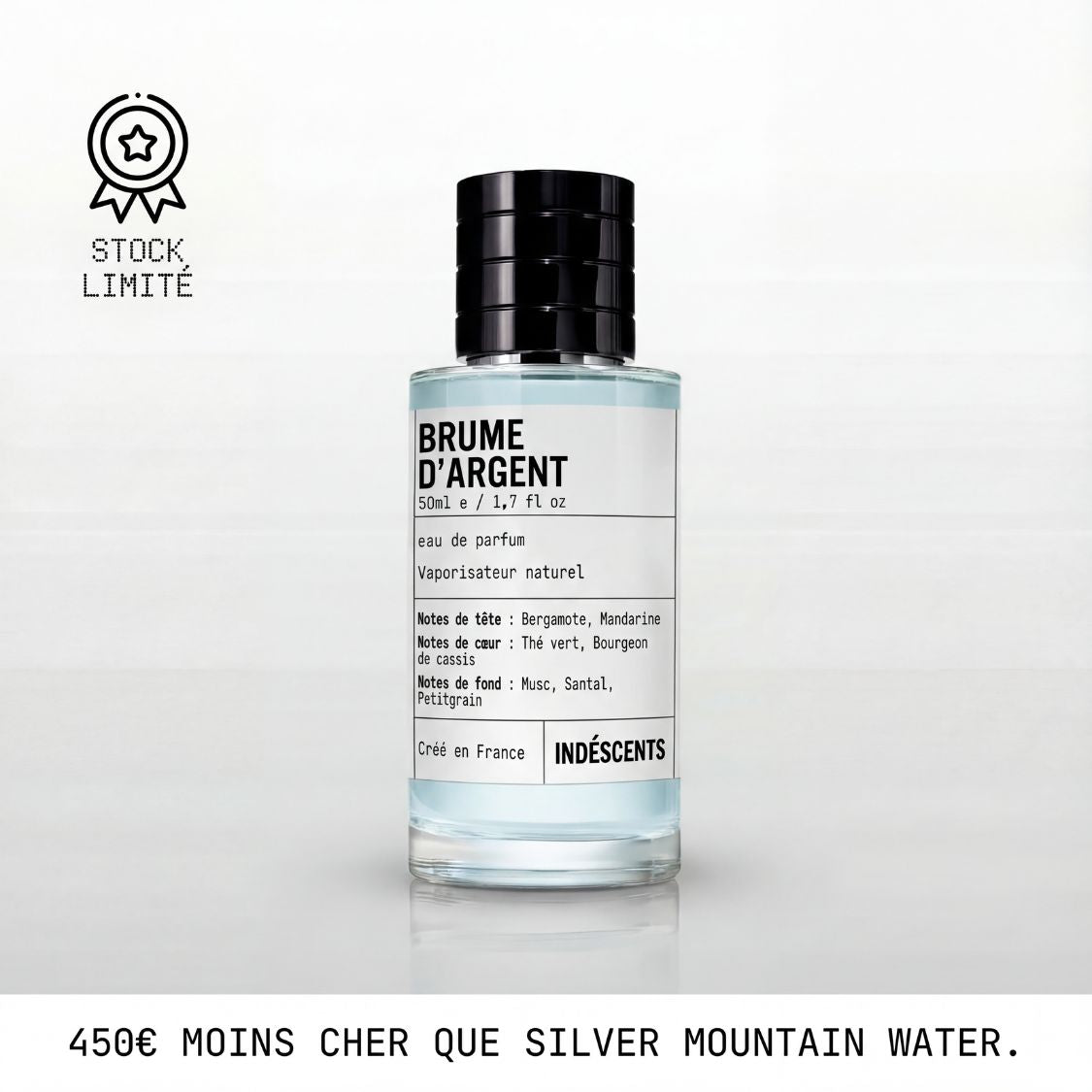 Flacon Brume d'Argent Indéscents, eau de parfum fraîche inspirée de Creed Silver Mountain Water, 50 ml