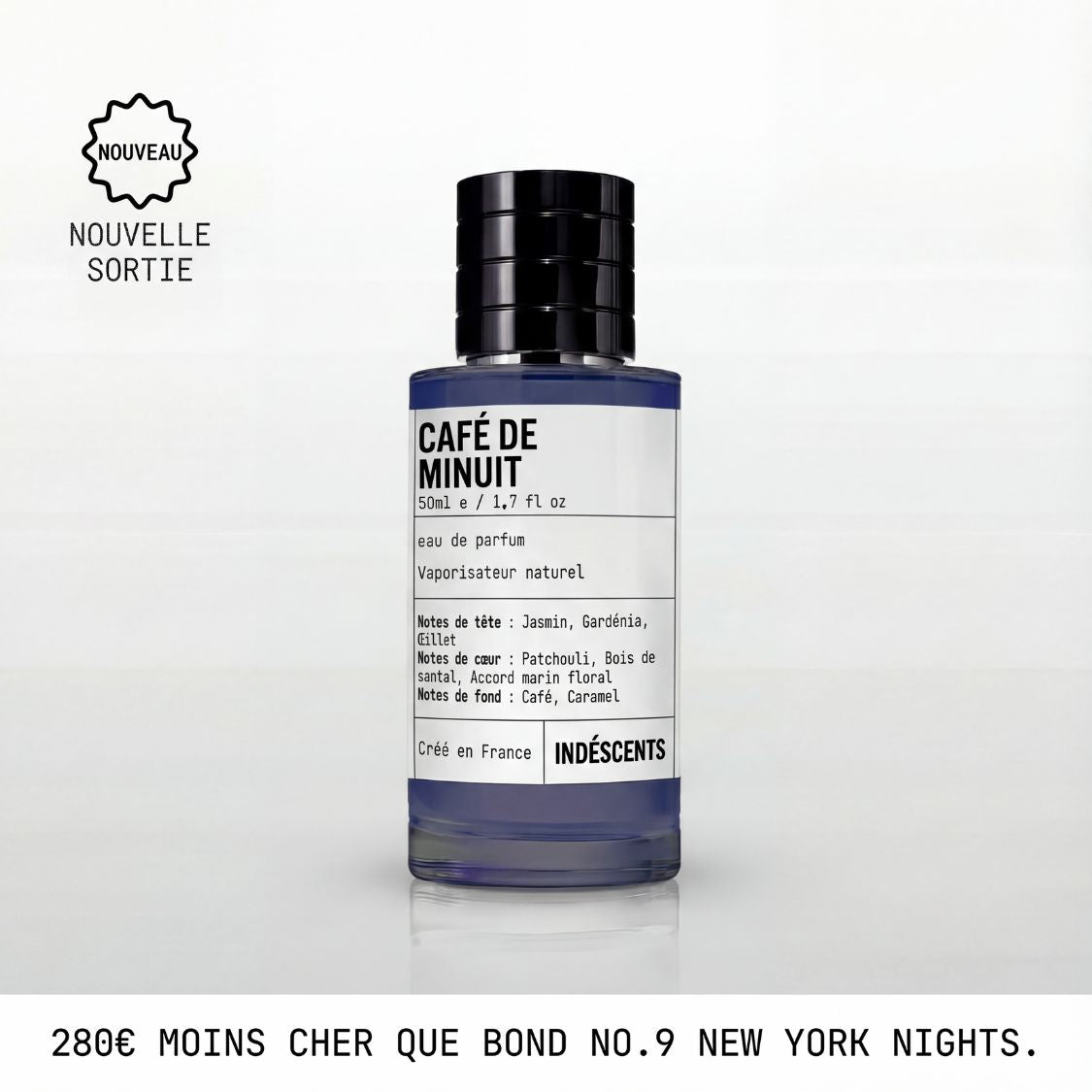 Flacon Café De Minuit Indéscents 50 ml, eau de parfum inspirée de Bond No. 9 New York Nights, notes café et jasmin