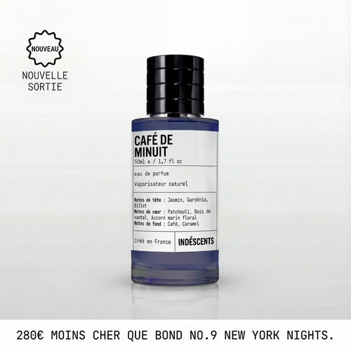 Flacon Café De Minuit Indéscents 50 ml, eau de parfum inspirée de Bond No. 9 New York Nights, notes café et jasmin