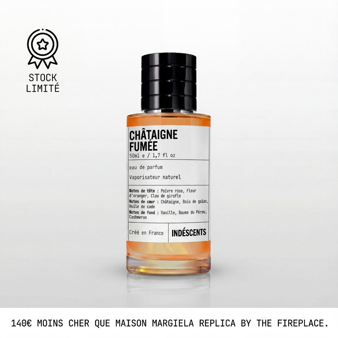 Flacon Châtaigne Fumée Indéscents 50 ml, eau de parfum inspirée de Replica By the Fireplace, notes châtaigne et bois fumé