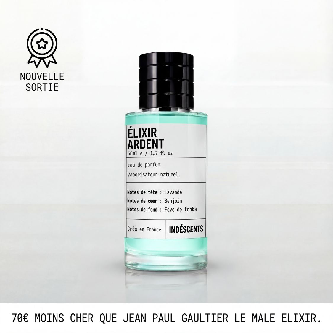 Flacon Élixir Ardent d'Indéscents, eau de parfum ambrée inspirée de Le Male Elixir de Jean Paul Gaultier