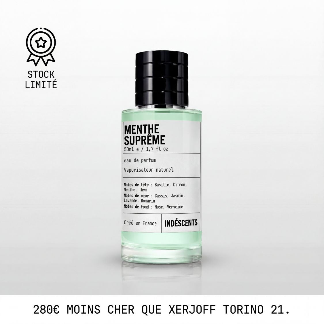 Flacon Menthe Suprême Indéscents 50 ml, eau de parfum inspirée de Xerjoff Torino21, jus vert clair