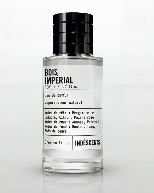 Flacon Bois Impérial Indéscents, eau de parfum 50 ml inspirée de Creed Aventus, capsule noire
