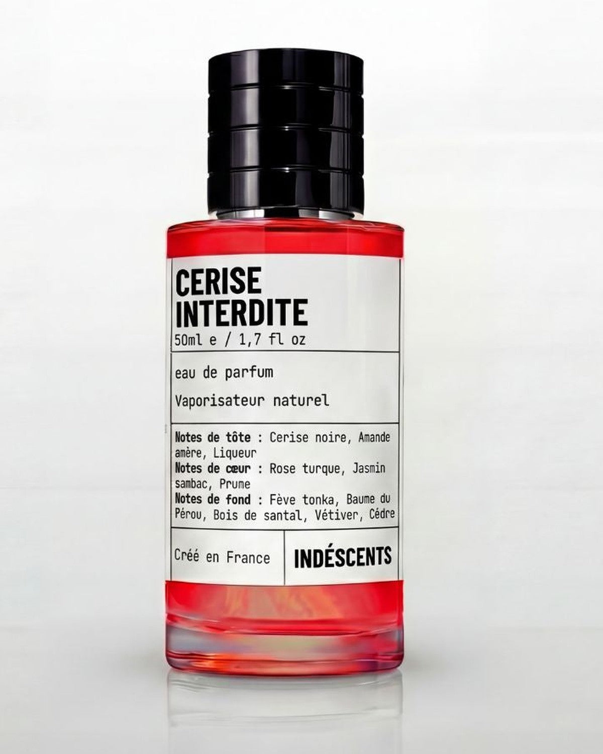 Flacon Cerise Interdite Indéscents, eau de parfum gourmande à la cerise inspirée de Tom Ford Lost Cherry, 50 ml