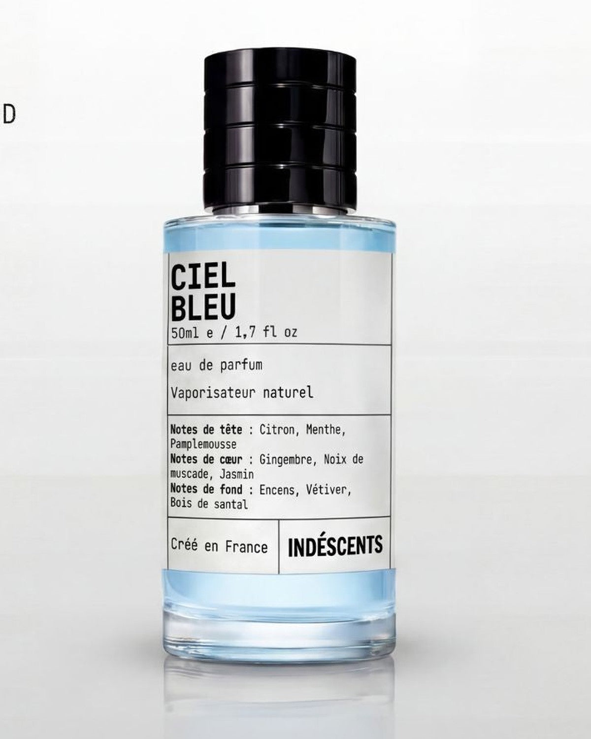 Flacon Ciel Bleu d'Indéscents, eau de parfum inspirée de Bleu de Chanel, citron, encens et santal