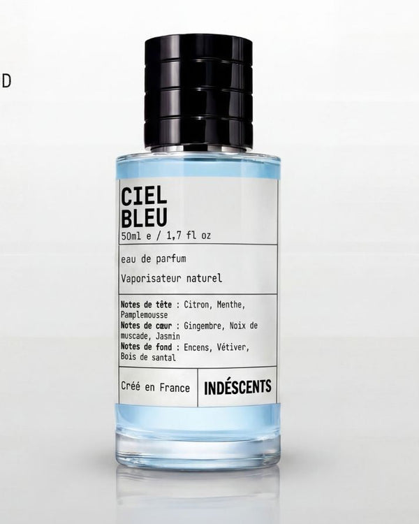 Flacon Ciel Bleu d'Indéscents, eau de parfum inspirée de Bleu de Chanel, citron, encens et santal