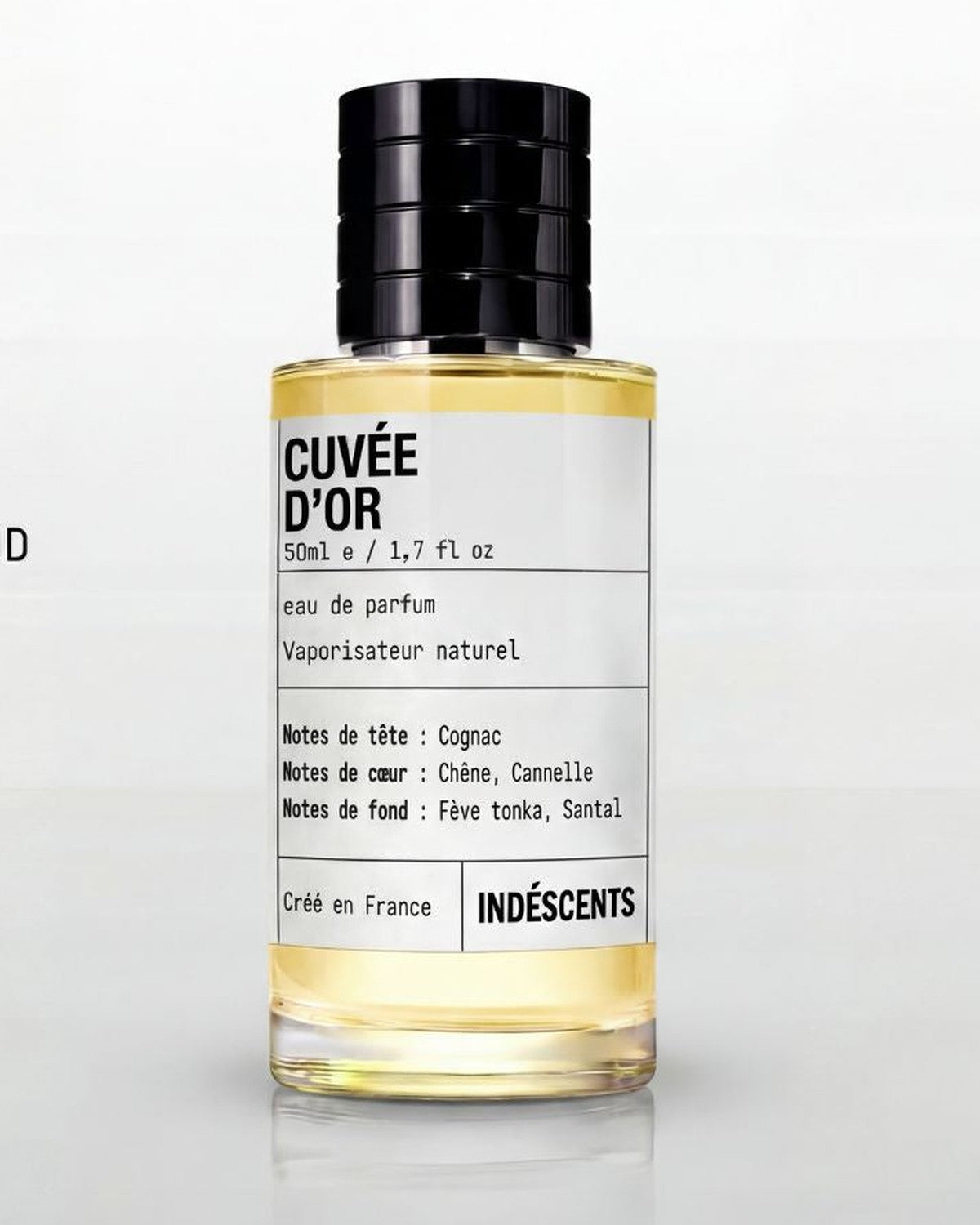 Flacon Cuvée d'Or Indéscents 50 ml, eau de parfum dorée inspirée de Kilian Paris Angels' Share, notes de cognac et tonka