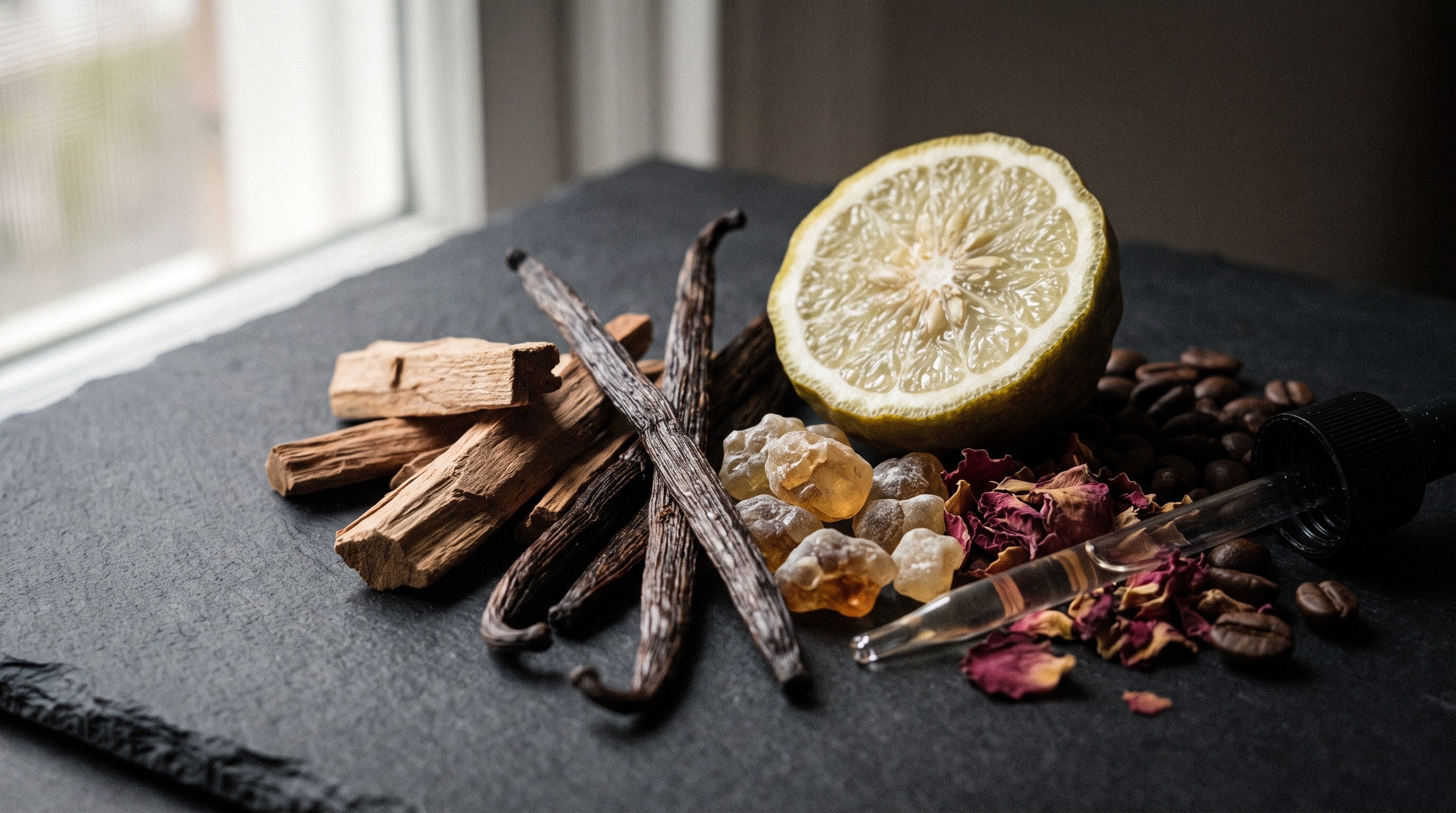 Matières premières de parfumerie : bergamote, vanille, bois de santal, résine d'ambre, pétales de rose