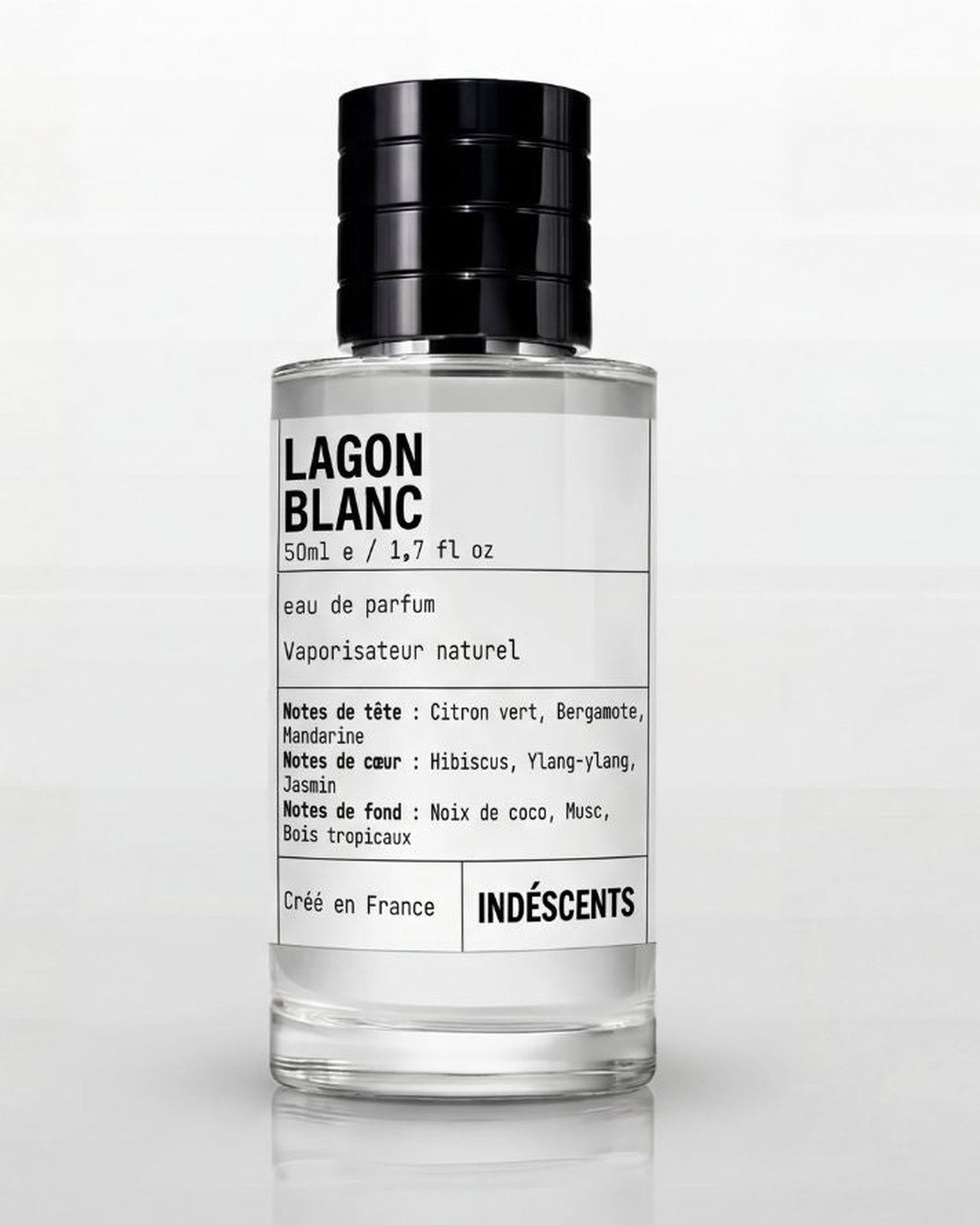 Flacon Lagon Blanc Indéscents 50 ml, eau de parfum inspirée de Creed Virgin Island Water, jus transparent