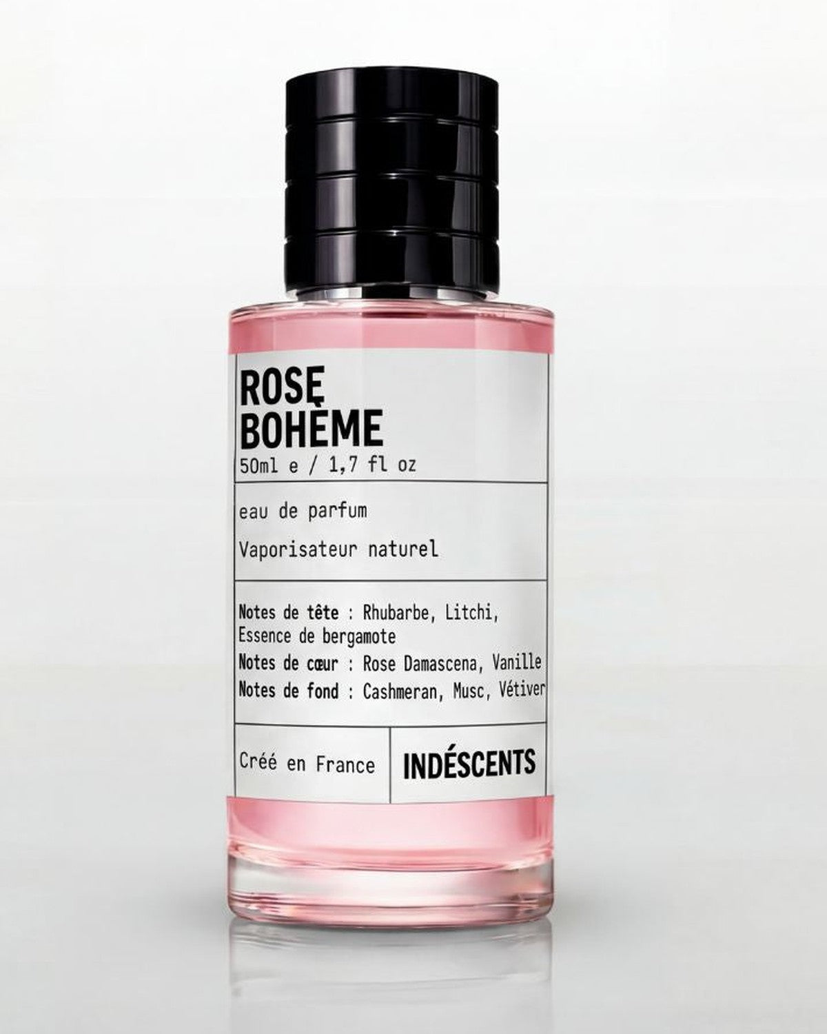 Flacon Rose Bohême Indéscents, eau de parfum rose inspirée de Delina, 50 ml, étiquette avec notes olfactives