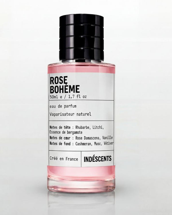 Flacon Rose Bohême Indéscents, eau de parfum rose inspirée de Delina, 50 ml, étiquette avec notes olfactives